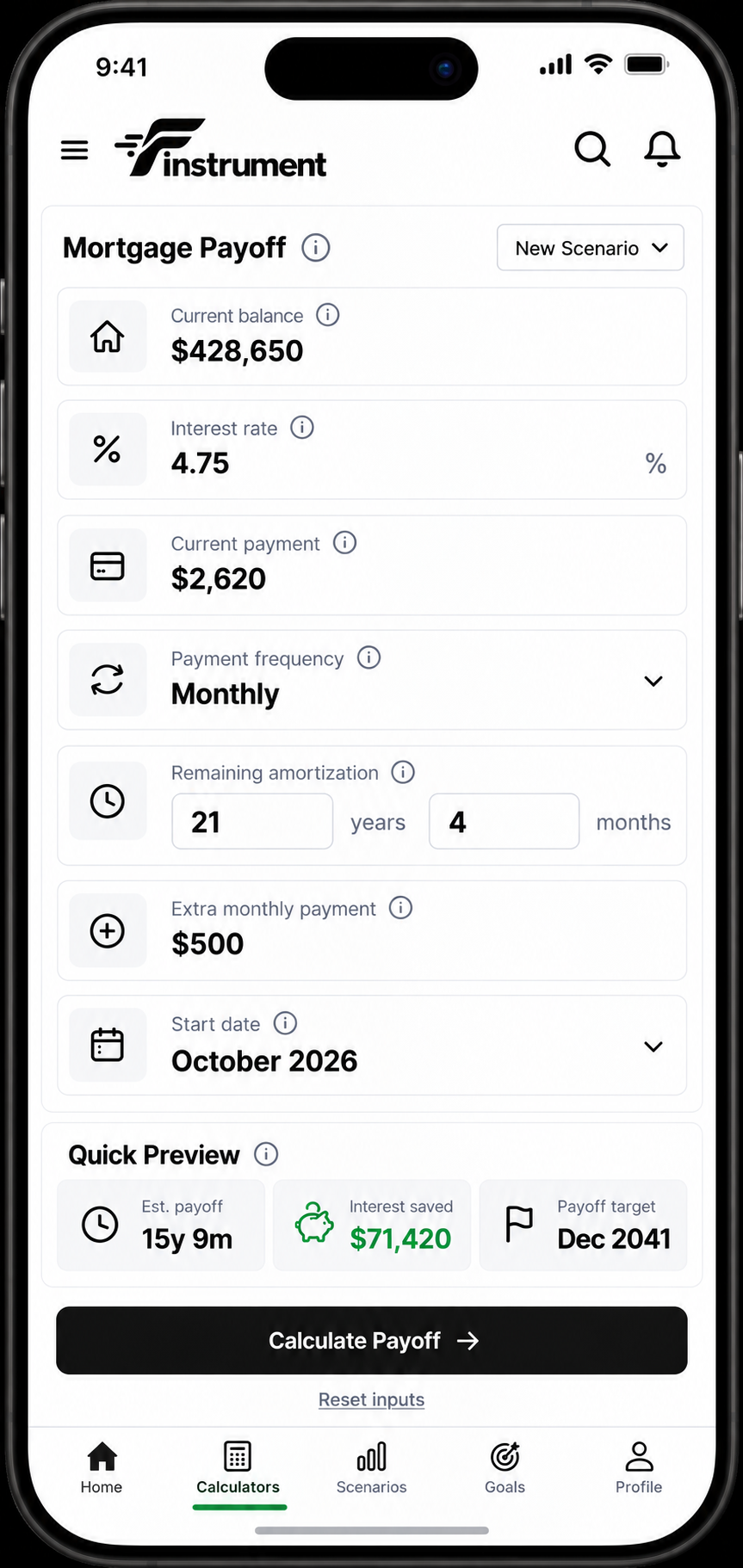 Finstrument mortgage payoff app concept showing loan inputs and a quick payoff preview